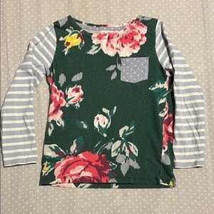 Mini Boden Green Floral and Striped Long Sleeve Tee